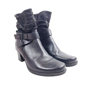 Earth Origins Womens Size 9.5 Black Leather & Fabric Ankle Boots Block Heel